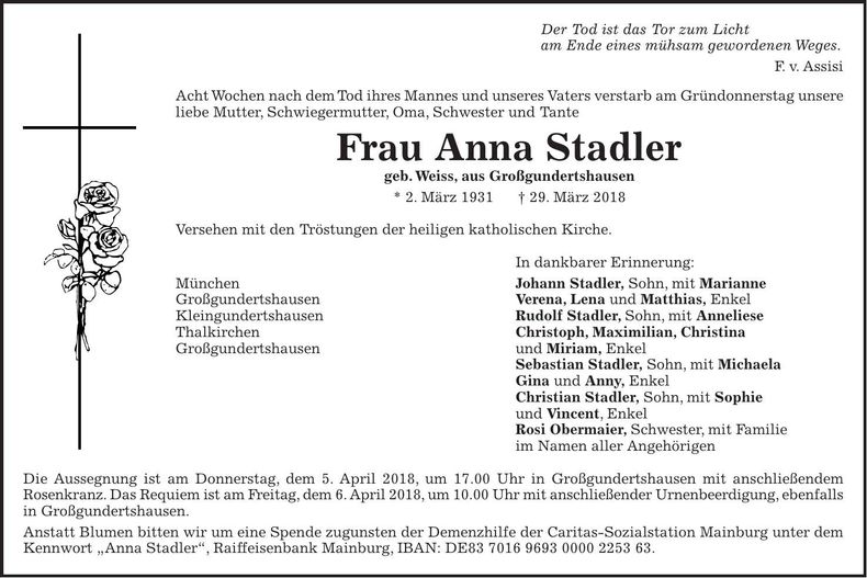 Traueranzeige Anna Stadler