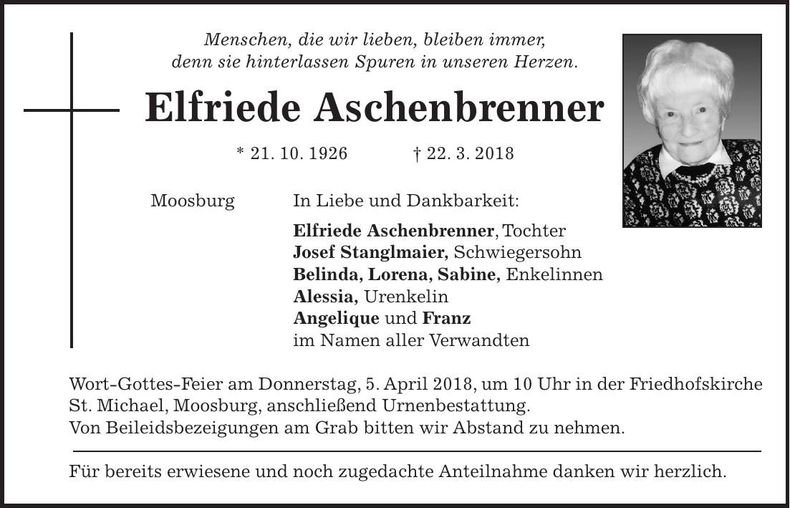 Traueranzeige Elfriede Aschenbrenner