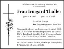 Traueranzeige Irmgard Thaller