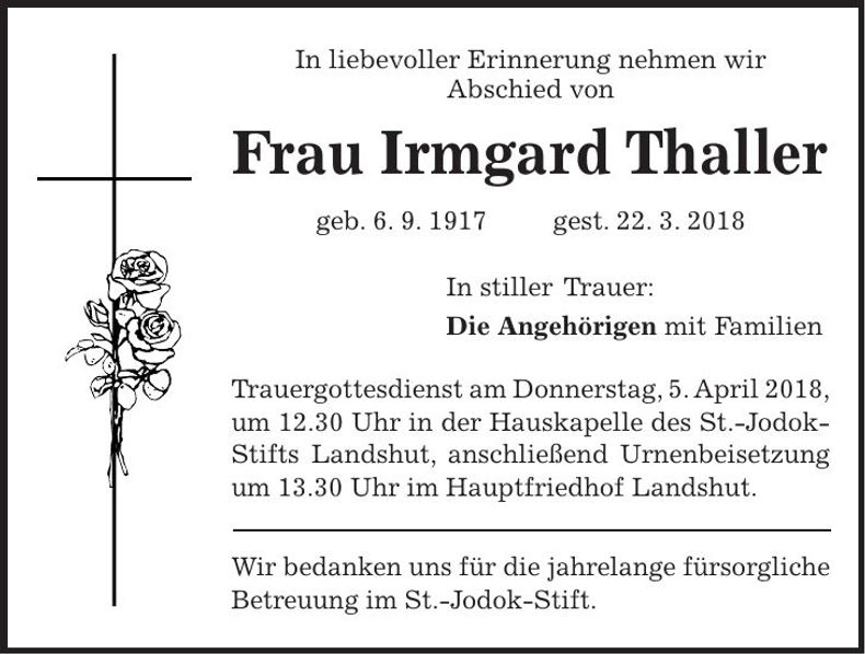 Traueranzeige Irmgard Thaller