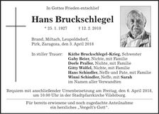 Traueranzeige Hans Bruckschlegel