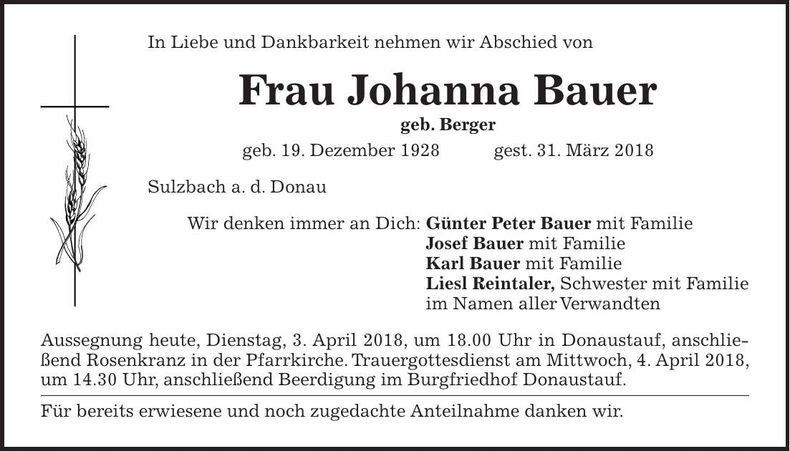 Traueranzeige Johanna Bauer