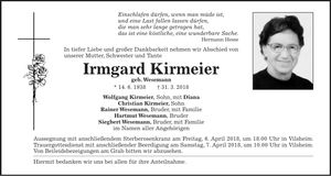 Traueranzeige Irmgard Kirmeier
