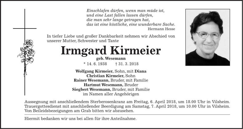 Traueranzeige Irmgard Kirmeier