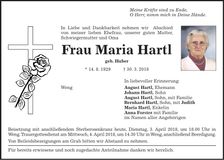 Traueranzeige Maria Hartl