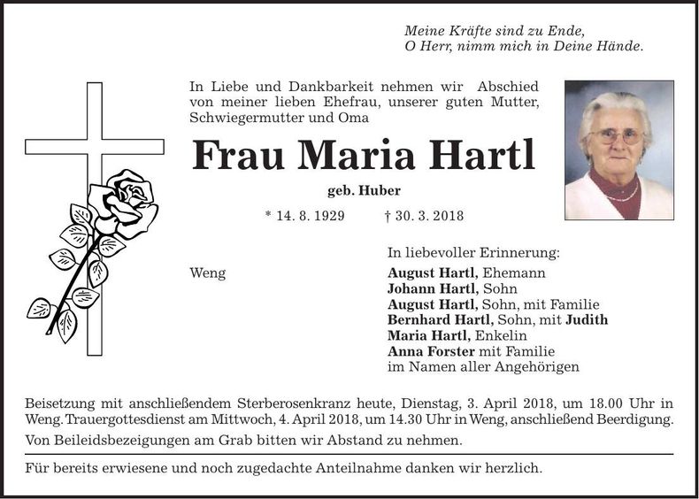 Traueranzeige Maria Hartl