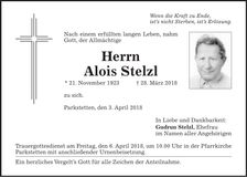 Traueranzeige Alois Stelzl