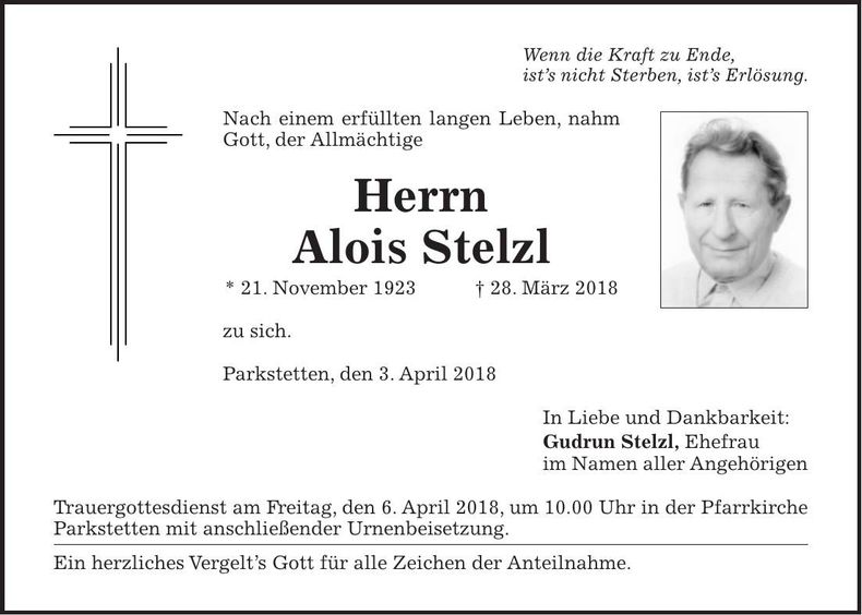 Traueranzeige Alois Stelzl