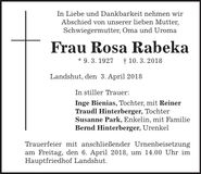 Traueranzeige Rosa Rabeka