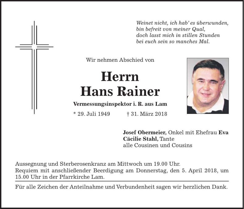 Traueranzeige Hans Rainer