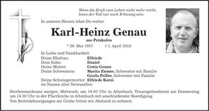 Traueranzeige Karl-Heinz Genau