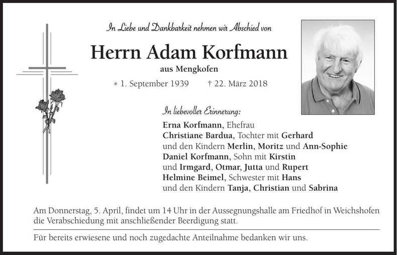 Traueranzeige Adam Korfmann
