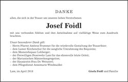 Traueranzeige Josef Foidl