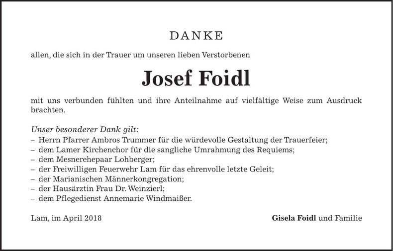 Traueranzeige Josef Foidl
