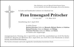 Traueranzeige Irmengard Pritscher
