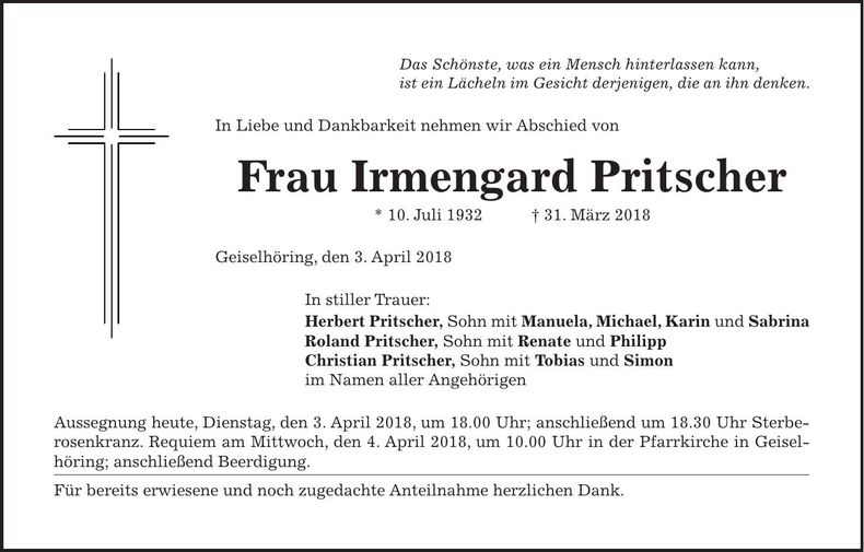 Traueranzeige Irmengard Pritscher