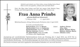 Traueranzeige Anna Primbs