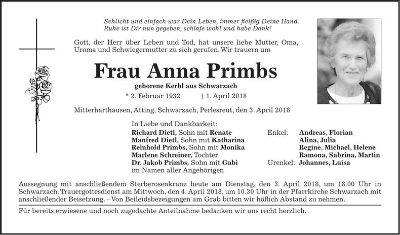 Traueranzeige Anna Primbs