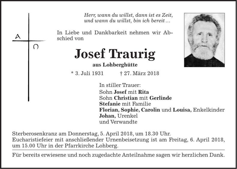 Traueranzeige Josef Traurig