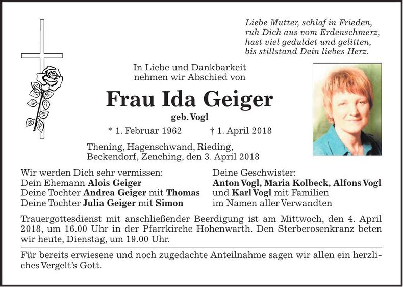 Traueranzeige Ida Geiger