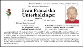 Traueranzeige Franziska Unterholzinger