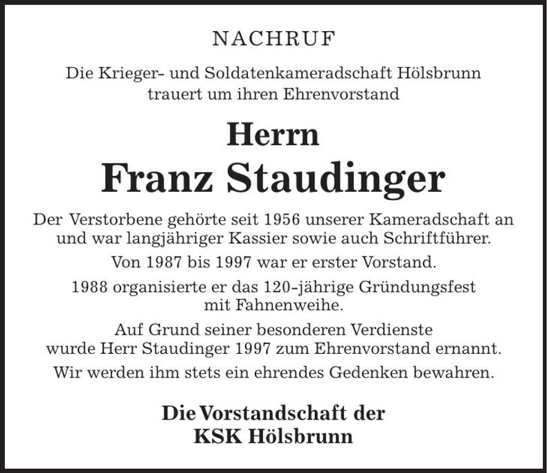Traueranzeige Franz Staudinger