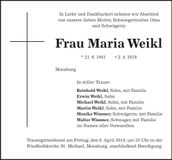 Traueranzeige Maria Weikl