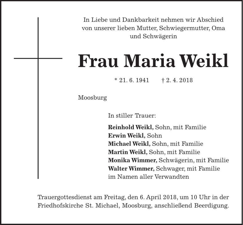 Traueranzeige Maria Weikl