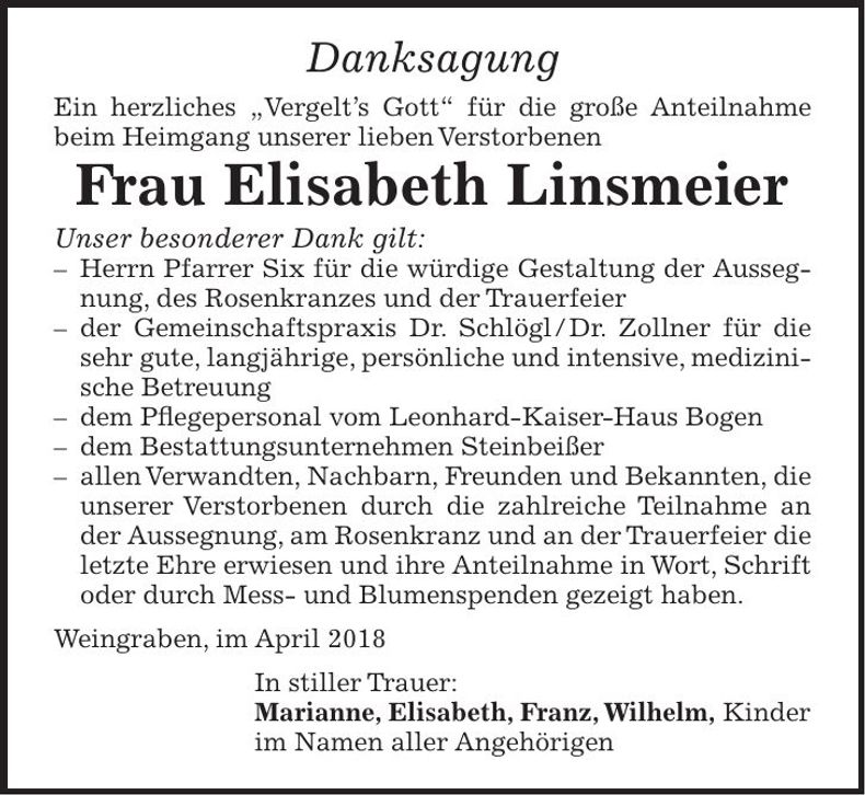 Traueranzeige Elisabeth Linsmeier