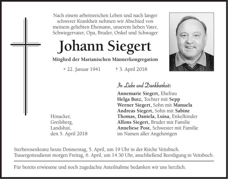 Traueranzeige Johann Siegert