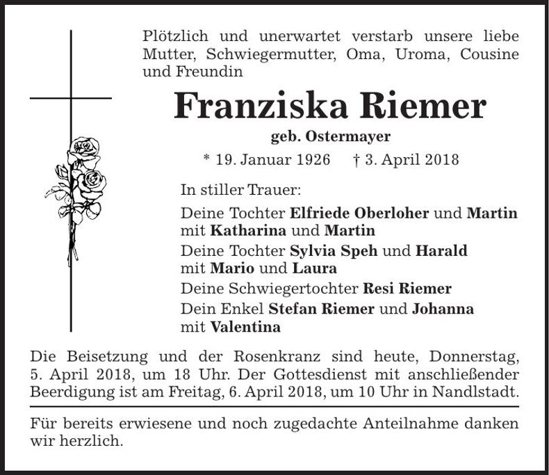 Traueranzeige Franziska Riemer