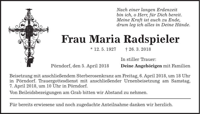 Traueranzeige Maria Radspieler