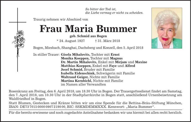 Traueranzeige Maria Bummer