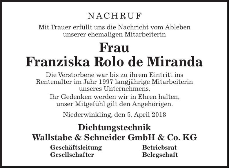 Traueranzeige Franziska Rolo de Miranda