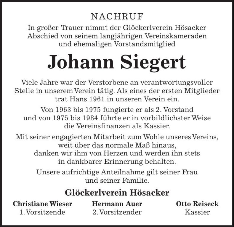 Traueranzeige Johann Siegert