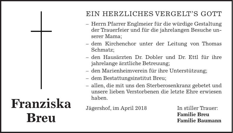 Traueranzeige Franziska Breu