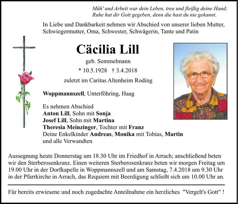 Traueranzeige Cäcilia Lill