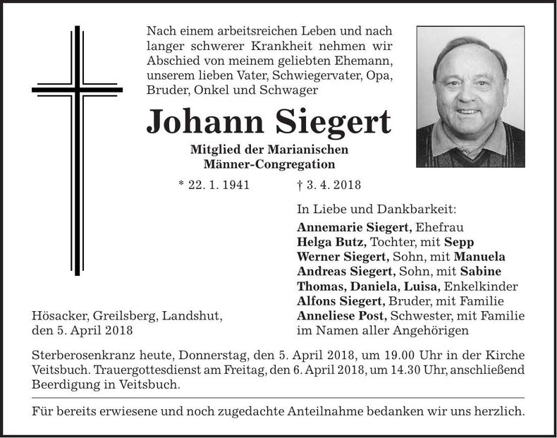 Traueranzeige Johann Siegert