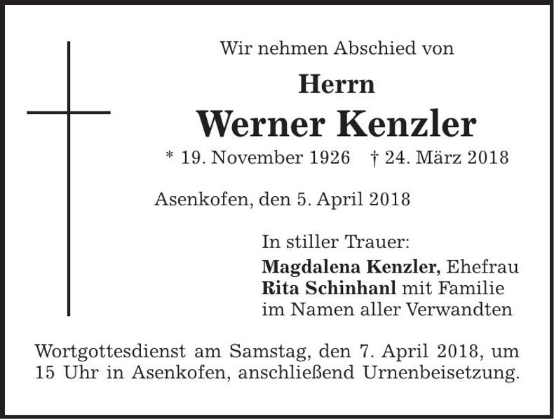 Traueranzeige Werner Kenzler