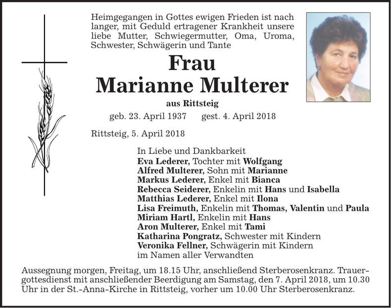 Traueranzeige Marianne Multerer