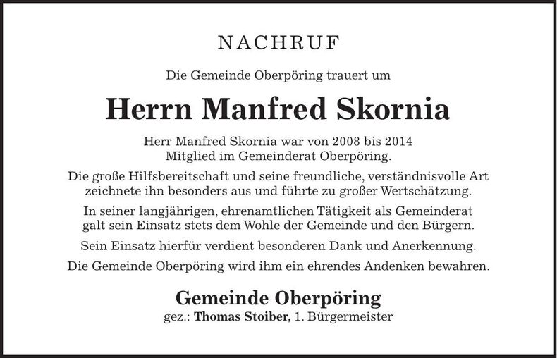 Traueranzeige Manfred Skornia