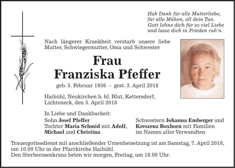 Traueranzeige Franziska Peffer