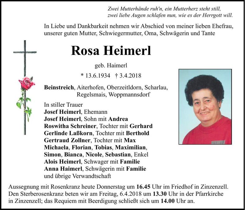 Traueranzeige Rosa Heimerl