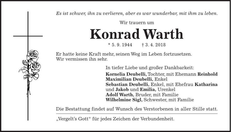 Traueranzeige Konrad Warth