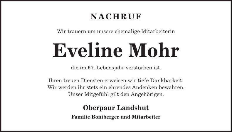 Traueranzeige Eveline Mohr