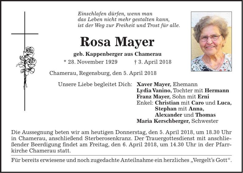 Traueranzeige Rosa Mayer