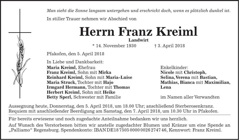 Traueranzeige Franz Kreiml