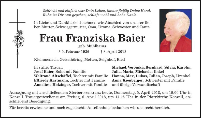 Traueranzeige Franziska Baier