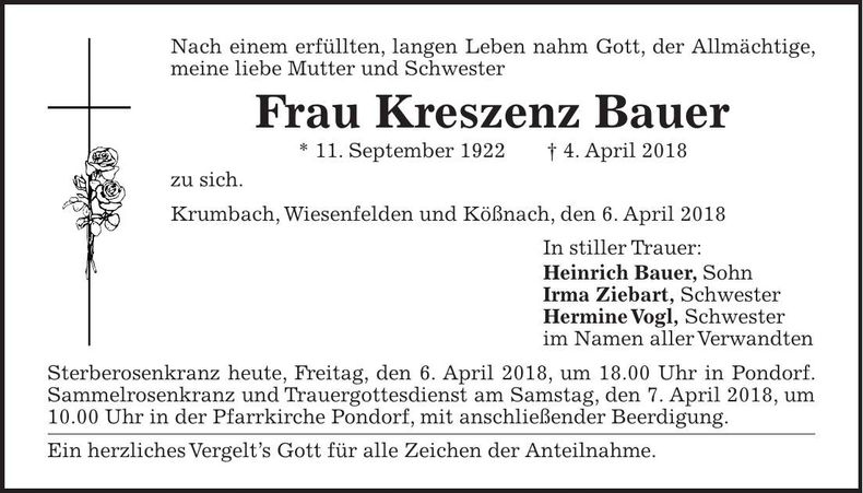 Traueranzeige Kreszenz Bauer