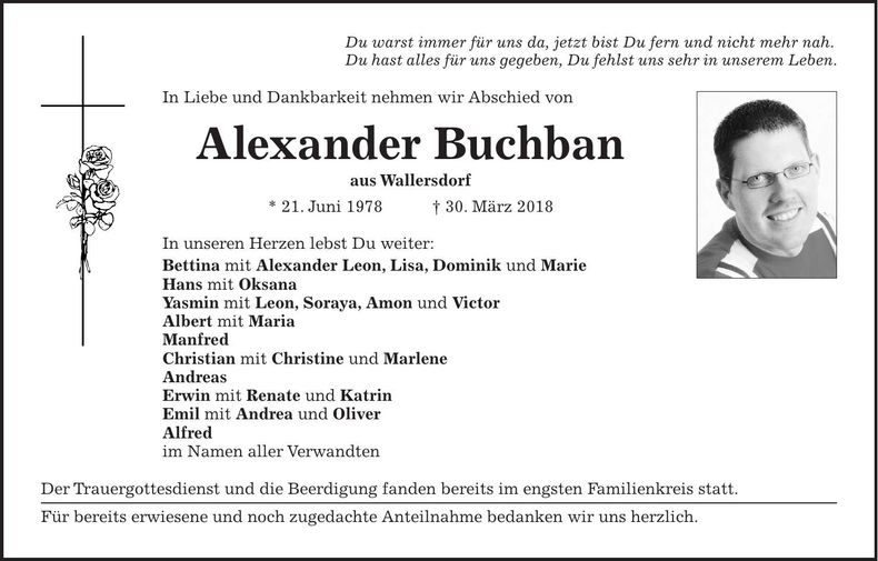 Traueranzeige Alexander Buchban